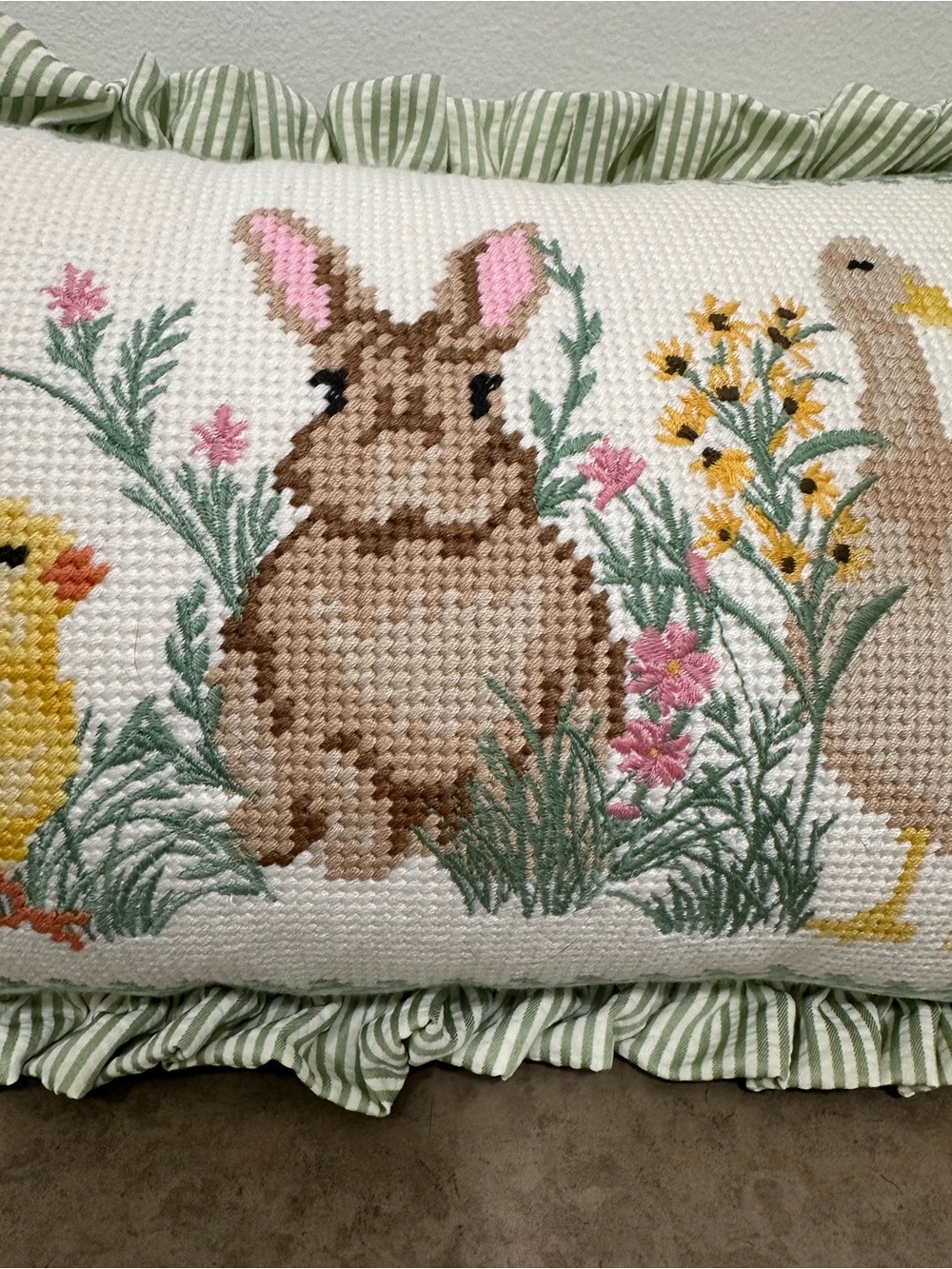 Easter Needlepoint Pillow Chick Bunny Duckling Floral GrannyCore Cottage 17 x 10 - Picture 5 of 10
